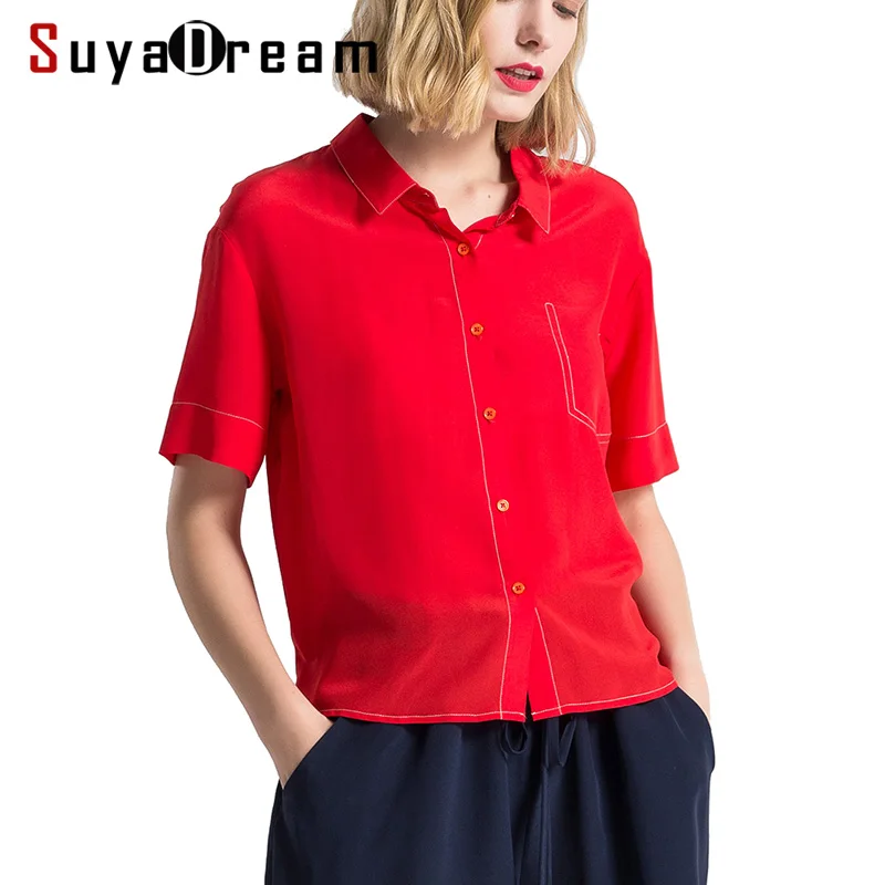 

Women Summer Blouese 100% REAL SILK Crepe Red Blouse Short Sleeved Office Lady Shirt 2019 Summer Contrast Thread Top