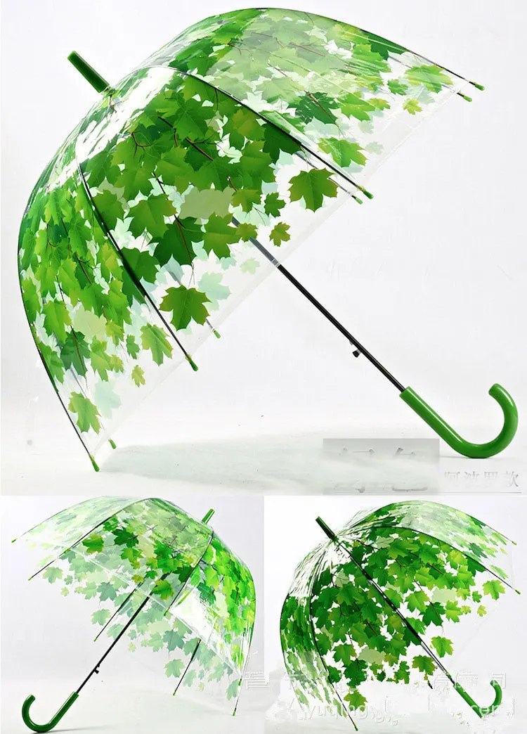 Transparent umbrella long handle green leaf transparent umbrella straight rod hook hook umbrella bubble PVC umbrella zara women