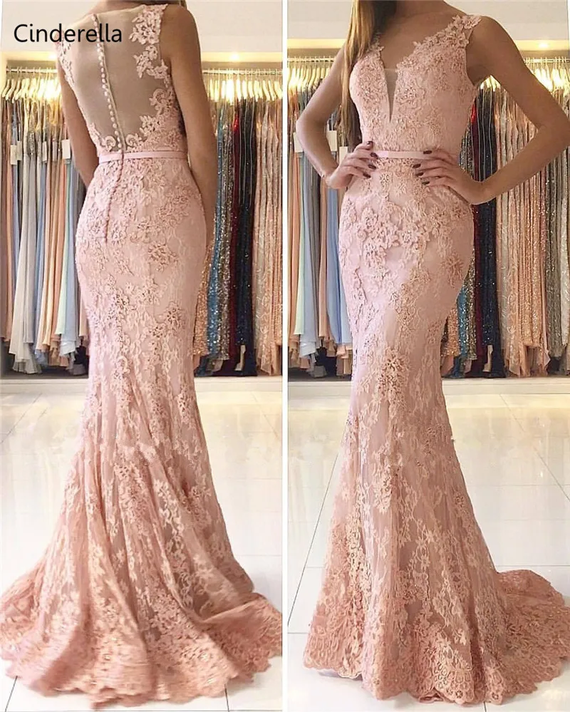 Cinderella Pink Color V-Neck Mermaid Sweep Train Covered Button Back Lace Applique Evening Dresses vestidos de fiesta de noche