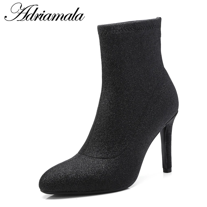 

2018 Stretch Fabric Ladies High Heel Boots Mid-calf Slip-on Round Toe Thin Heels Motorcycle Boots For Women Fashion Adriamala