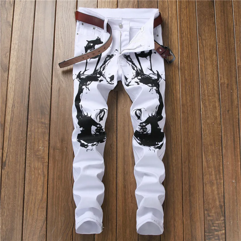 White Jeans Men Stretch Printing Jeans Mens Designer Slim Fit Straight ...