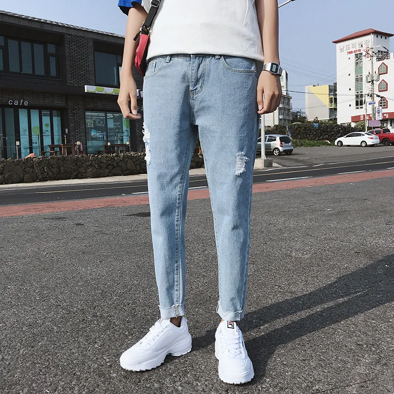 Корейская версия супер-проколов джинсы, мужской нищий ulzzang, колено отверстие, девять точек брюки свободного тренда