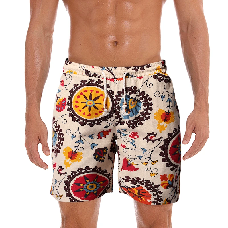 

2019 Summer New Men's Bermuda Shorts Loose Straight Floral Hawaiian Casual Linen Short Pants Male Brand