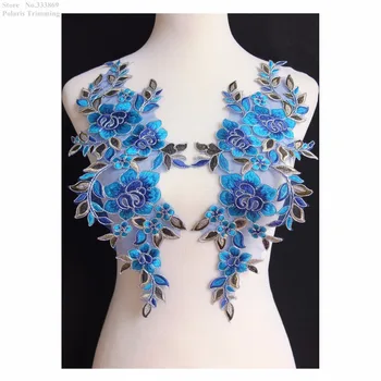 

Free Shipping 1Mirror Pair=2pcs x Dark Blue/Blue/Silver Flower Embroidery Lace Applique Trim Patches Garment Decorating PBNC122P