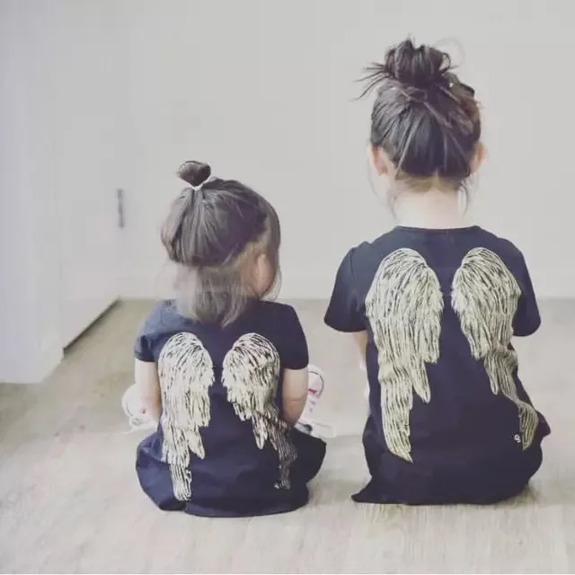 

girls black T-shirt children's wear summer wing print baby short sleeved T-shirt girls tops thanksgiving clothing