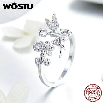 

WOSTU 2019 Design 925 Sterling Silver Flower Fairy Elf Ring Finger Adjustable Size Wedding Rings For Women Luxury Jewelry FNR025