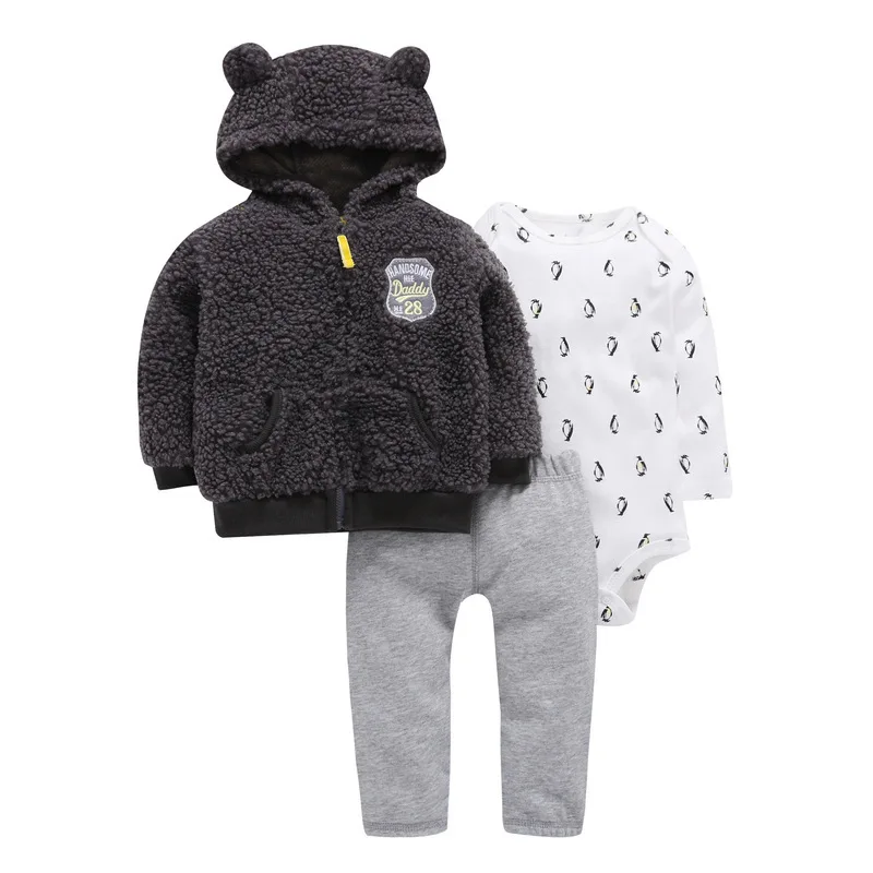 Комплекты из 3 предметов Одежда для маленьких мальчиков и девочек толстовка на молнии с длинными рукавами+ боди+ штаны, вязаная куртка зимняя одежда для детей