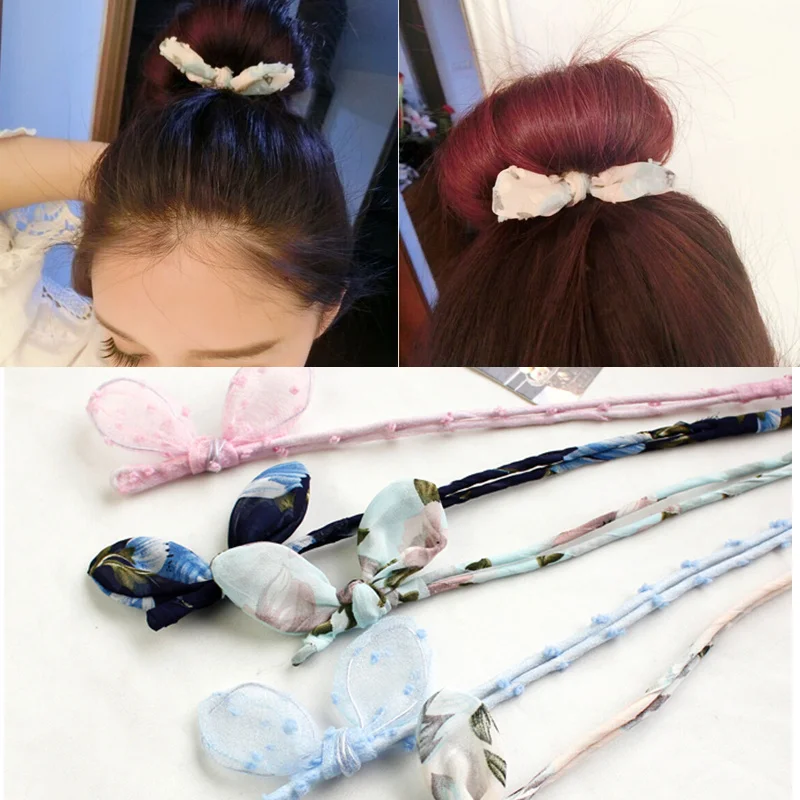 Новинки для женщин Корея цветочные милые заячьи ушки галстук-бабочку Бад Мяч Hairbands эластичная резинка для волос Принадлежности для волос
