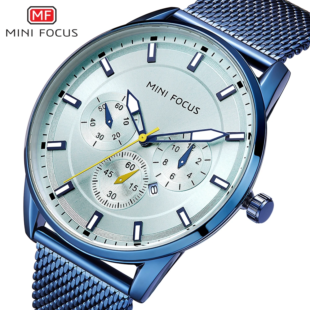 

MINIFOCUS Trendy Men Wrist Watch Stainless Steel Mesh Strap Waterproof Clock For Mens Leisure Blue Black Luminous Chain Watches
