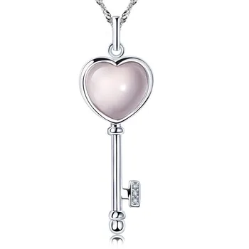 

4ct Natural Rose Quartz Pendant Key Necklace in 925 Sterling Silver Lady Woman Fine Elegant jewelry Girl Love Birthstone Gift