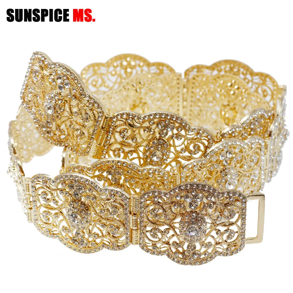 

SUNSPICE-MS Morocco Rhinestone Wedding Belt Adjust Length Gold Color Metal Crystal Bridal Caftan Waist Chain Belt For Women