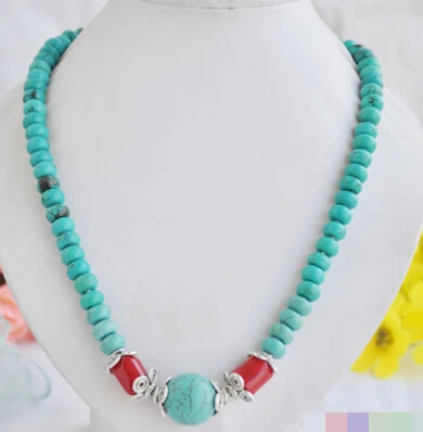 

huij 004906 Tibet Cultural round turquoise bead red coral necklace