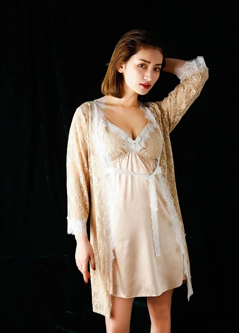 Smmoloa Summer Women Lace Robe Gown Set Sexy See-through Mesh Lace Sleepwear - Цвет: Хаки
