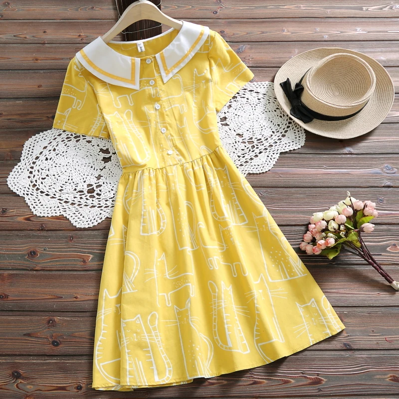 Mori girl милое платье новое летнее модное винтажное платье с круглым отложным воротником и коротким рукавом женское желтое платье vestidos