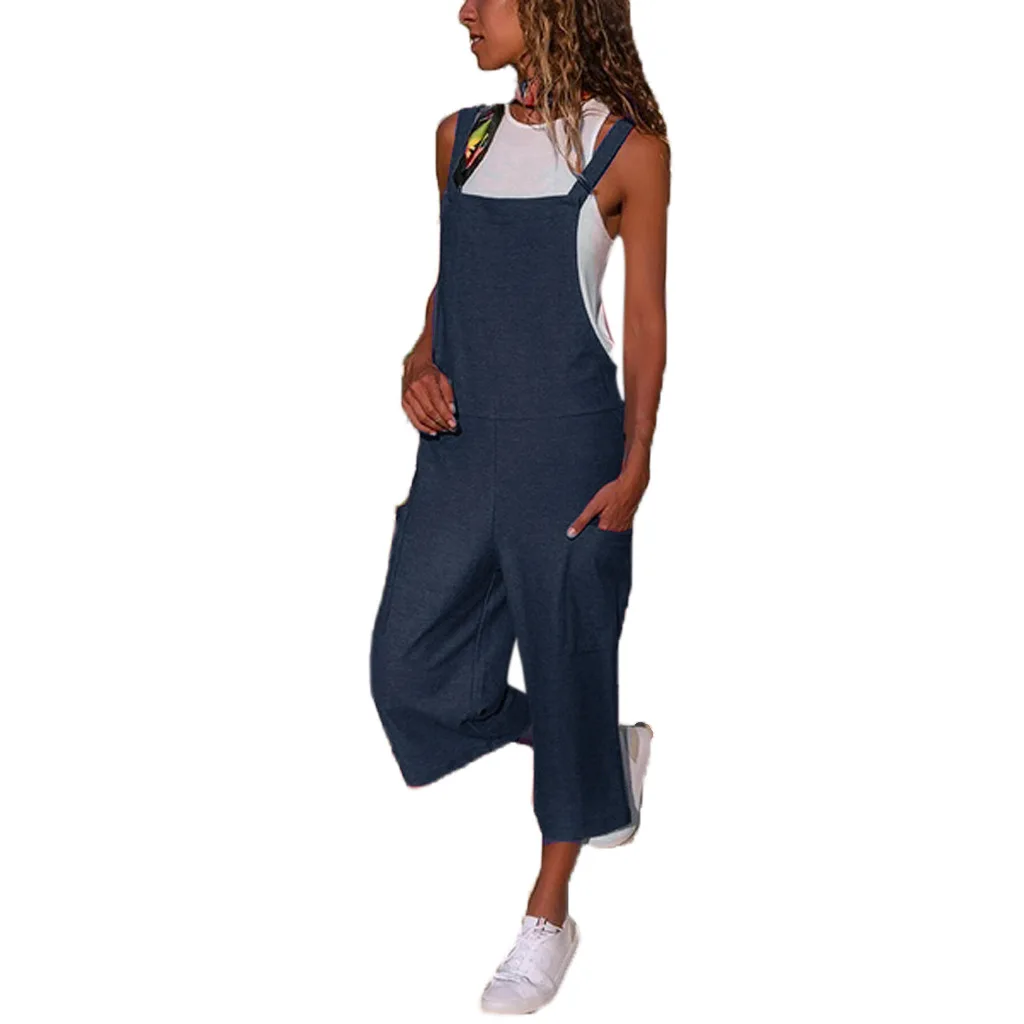 

Women's Jumpsuit Linen Cotton Casual Loose Pure Color Slim Fit Strap Straight Jumpsuit With Pockets