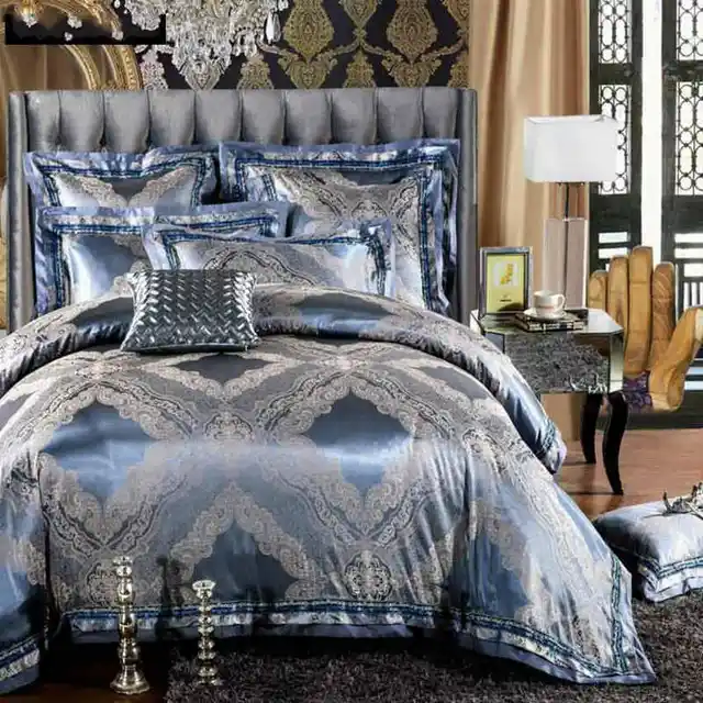 Online Luxury Jacquard Silk Bed Linen Blue Gold Green Satin Luxury Jacquard Silk Bed Linen Blue Gold Green Satin Bedding Set Bedcover Queen King Size Duvet Cover Sheet Cotton 4pcs