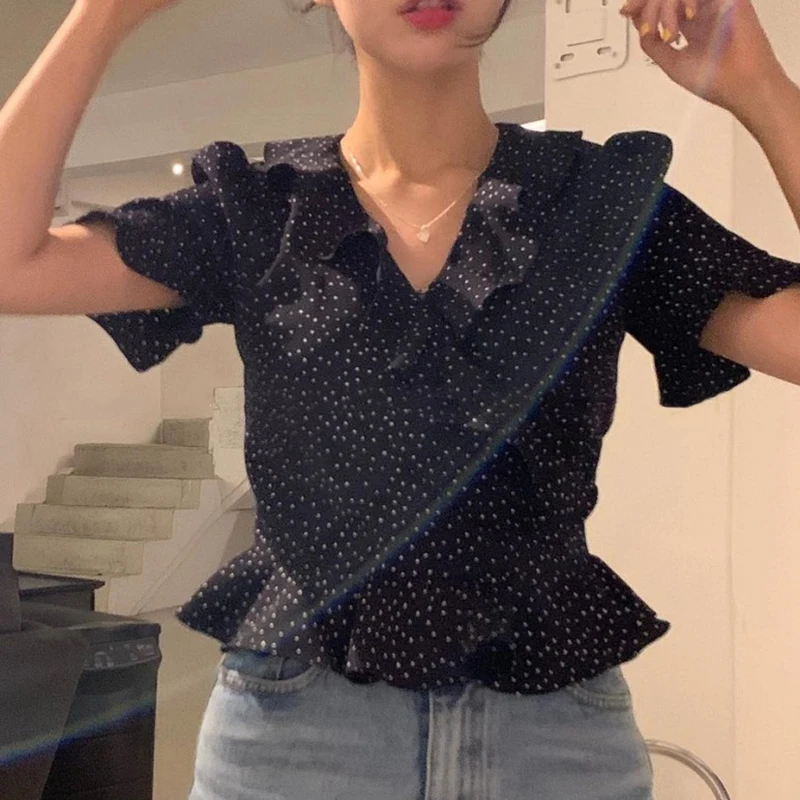

Nice Lady Polka Dots Curly Ruffles Blouse Short Shirt Women Top Kawaii Petite Classy Chemise Femme Chemisier Blusa Mujer Camisa