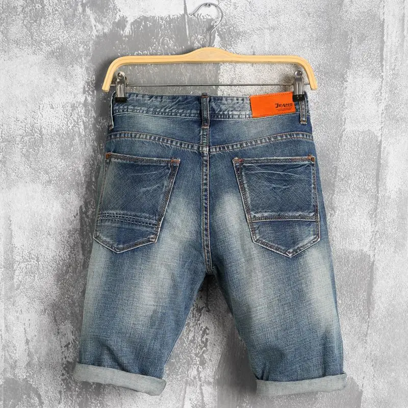 Summer New Men Leather stitching Ripped Straight Jeans Short Fashion Casual Holes Bermuda Retro Cargo Denim jogger shorts 38 40