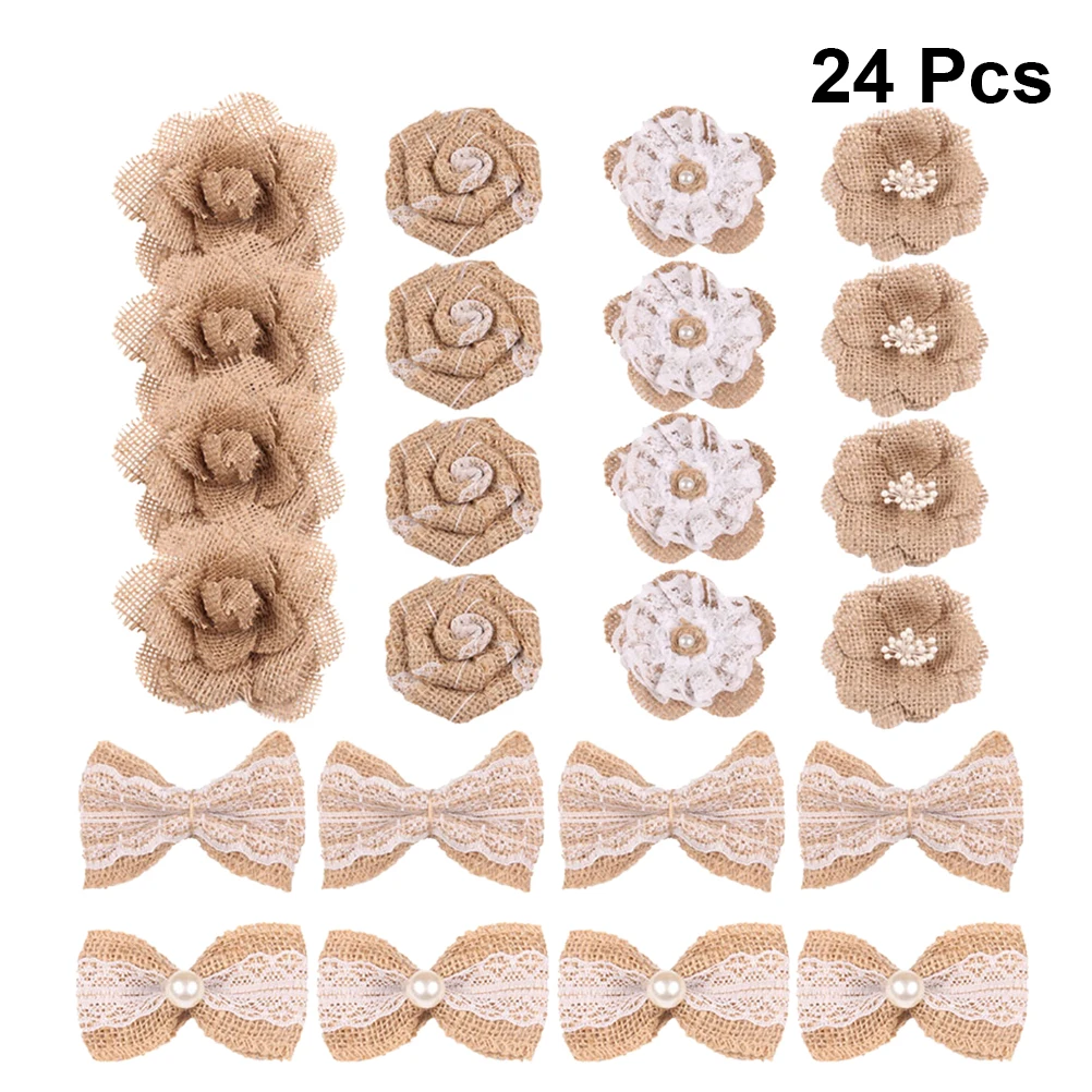 24 шт Мешковина украшения 6 стилей Лен натуральный Винтаж цветы Bowknots DIY аксессуары для вечерние украшения Свадебные DIY Craft