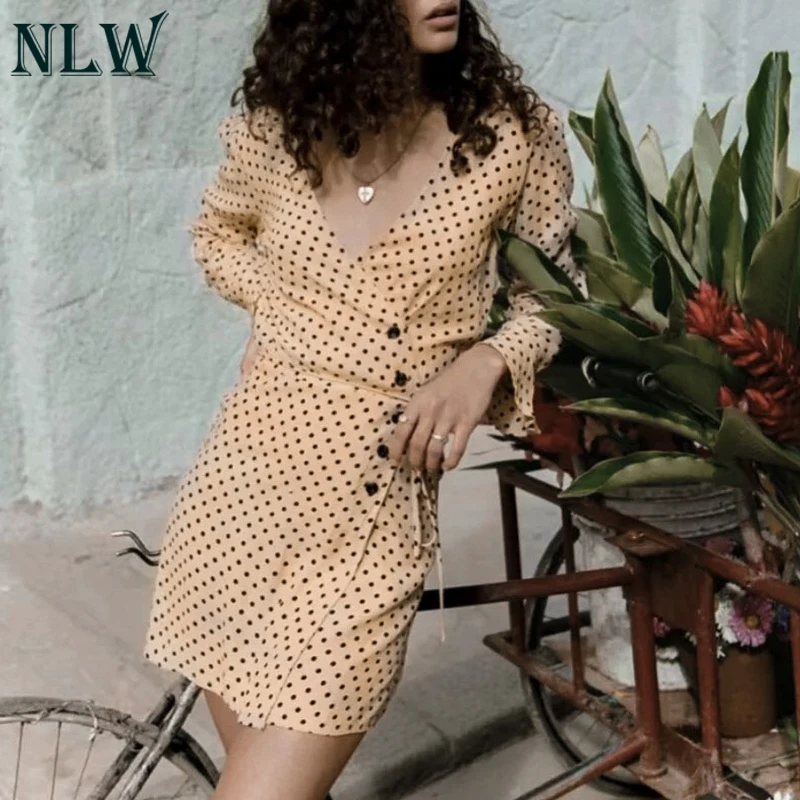 

NLW V-Neck Long Sleeve Casual Short Dress Women Winter Polka Dot Dress Elegant Wrap Button Dress High Street Lace up Vestidos
