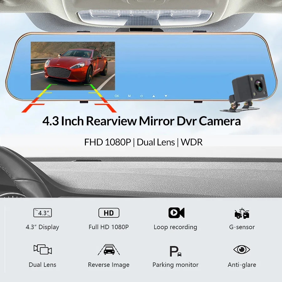 Зеркало видеорегистратор 4 3 дюйма FHD 1080P с двумя объективами и камерой заднего