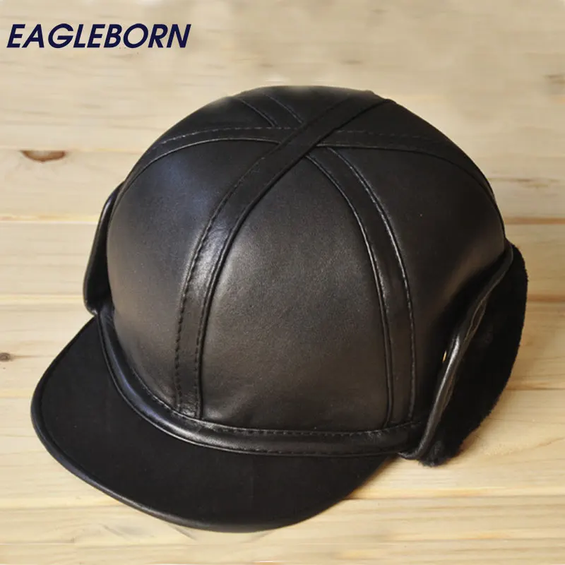 

2018 Baseball Cap Winter ear cap with Sheepskin Earflaps High Quality Leather Hat Winter Man Hat Fur Hat for Man