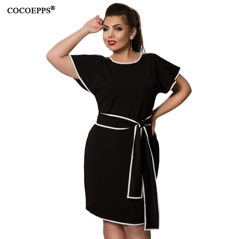 

COCOEPPS Patchwork Women Dress Big Size Butterfly Sleeve Sundress 2019 Plus Size Elegant Office Dress With Sashes Blue Vestidos