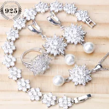 4 цвета, 925 пробы, серебряные свадебные жемчужные Ювелирные наборы, серьги для женщин, свадебные ювелирные изделия с цирконием, браслет, кольцо, ожерелье, набор