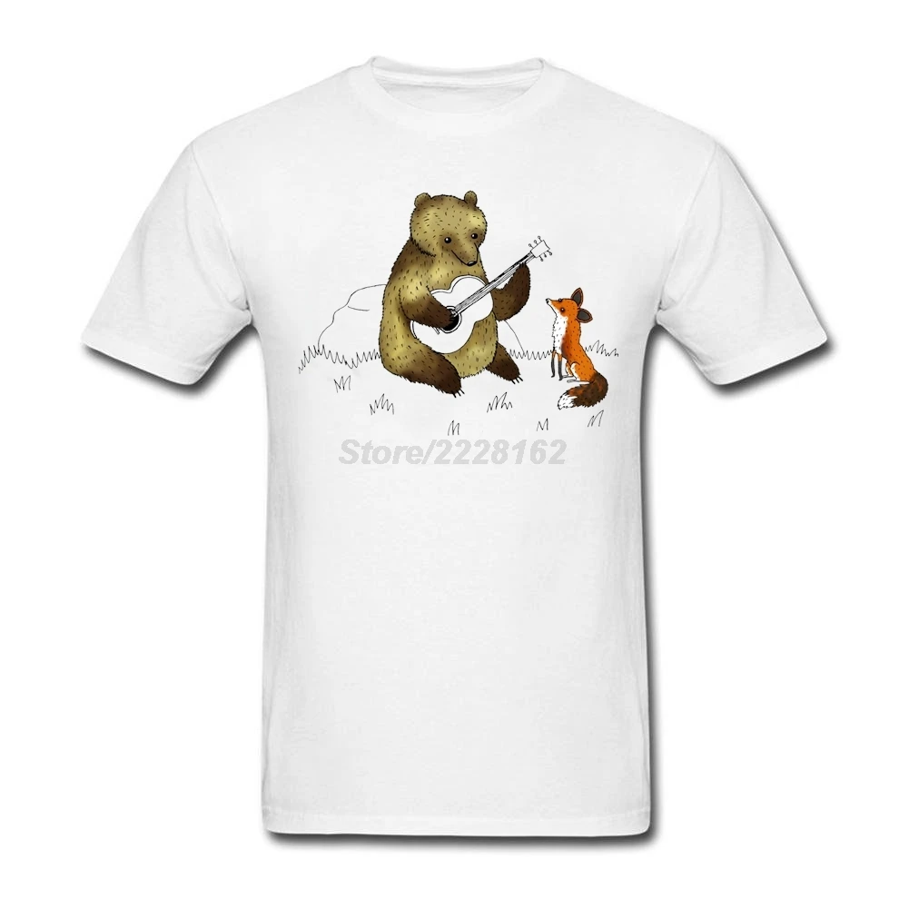 man Bear and Fox t-shirt Purple pop music designs Tee Shirts with Playing Guitar for teenage New 100% Cotton Uniform | Мужская одежда