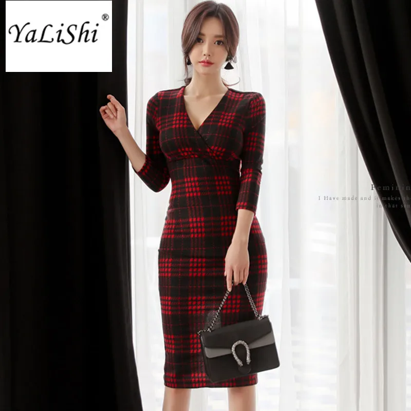 

2018 Spring Women Dress Red Plaid 3/4 Sleeve V-Neck Package Hip Dress Office Sexy Party Vintage Bodycon Bandage Dresses Vestidos