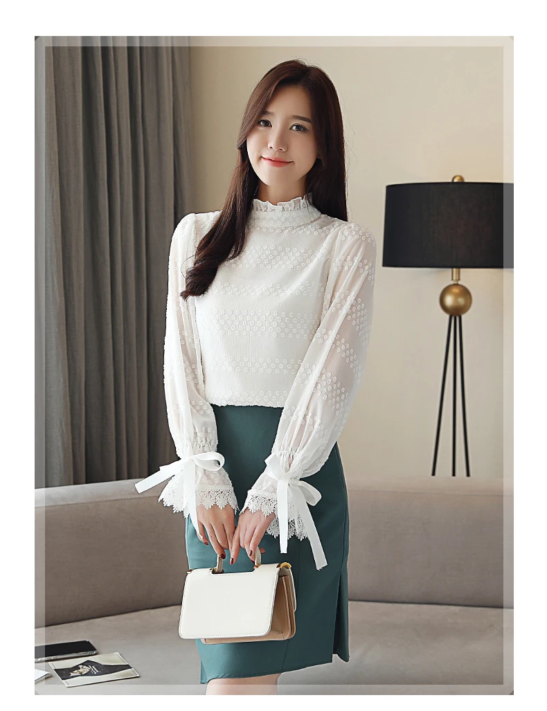 Новое поступление Весенняя Корейская женская кружевная шифоновая блузка в горошек с расклешенными рукавами модный белый топ для деловой женщины T93224X