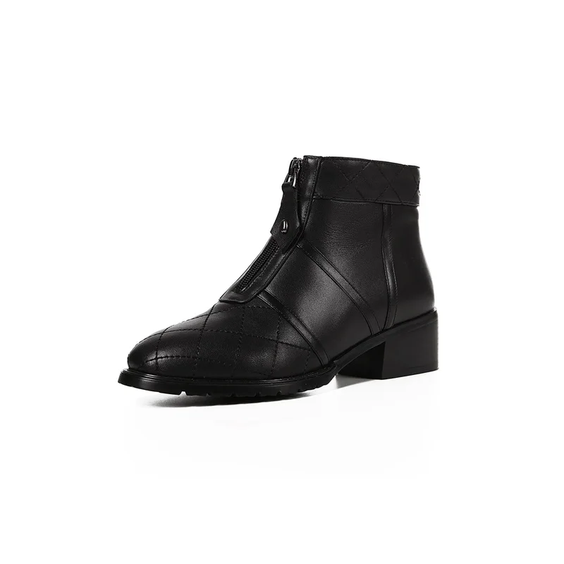 Egonery/обувь Новые Модные женские зимние ботинки ботильоны из высококачественной натуральной кожи на среднем квадратном каблуке с молнией спереди и круглым носком - Цвет: black