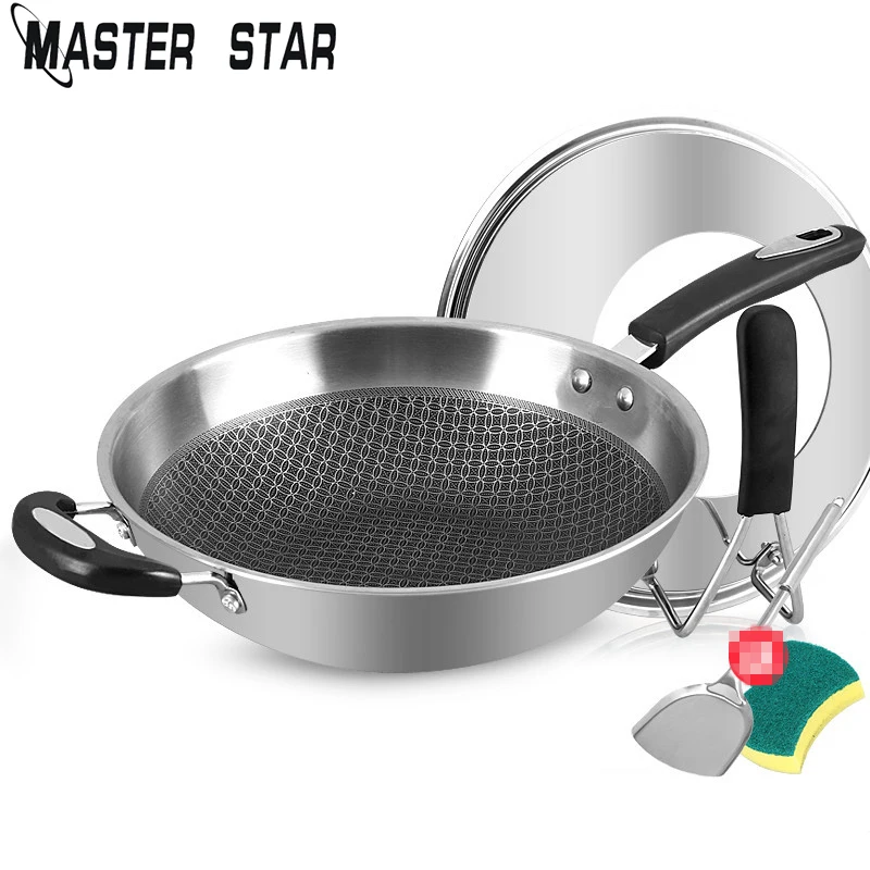 

Master Star Stainless Steel Wok With Lid Non-stick Pan No Lampblack Without Coating Wok General Use For Gas And Induction Cooker