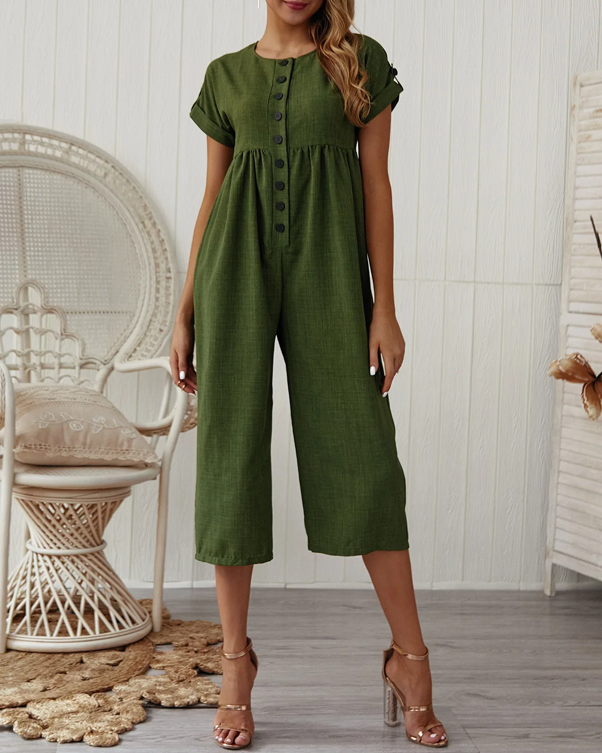 2019 new summer cotton and linen solid color short-sleeved casual jumpsuit 2019 new summer cotton and linen solid color short-sleeved casual jumpsuit
