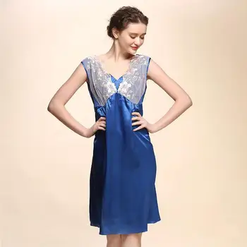

CEARPION Summer Silk Nightgown Sexy Sleeveless Nightdress Elegant Blue V-neck Sleepwear Women Casual Home Gown Sleep Dress