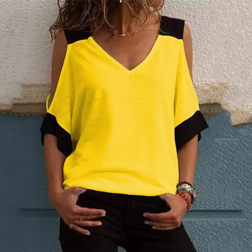 

Sexy Off The Shoulder V Neck Patchwork Blouse Tops Summer Women Short Sleeve Loose Blouse Shirt Casual Blusas Plus Size 5XL