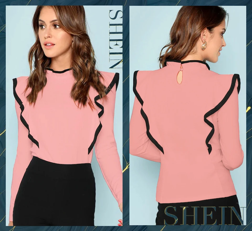 SHEIN элегантный уик-энд Повседневное Для женщин контрастной отделкой оборкой встроенная кнопка стенд collarpullovers футболки облегающая футболка