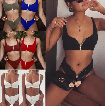 

new bikini fast selling blast lady pure color high waist zipper split swimsuit swimwear women