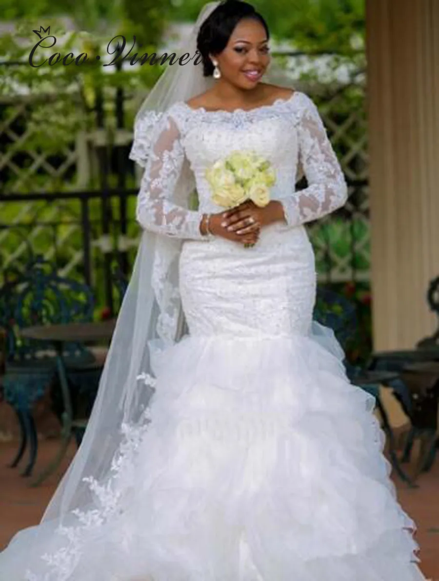 

Long sleeve Appliques African Mermaid Wedding Gown Tiered Boat Neck White Color Beading Mermaid Wedding Dress W0414