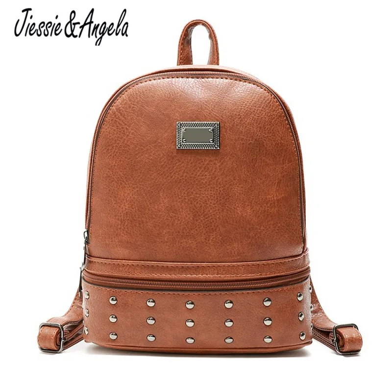 

Jiessie&Angela Women Backpack Rivets Designer PU Leather Women Bag Causal School Bags Large Capacity Backpacks Travel Bags