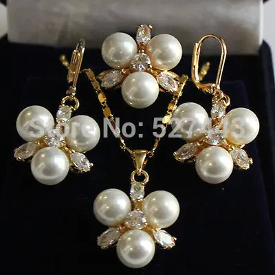 

Wholesale 8MM White South sea Shell Pearl Earrings /Ring / Necklace Pendant Set