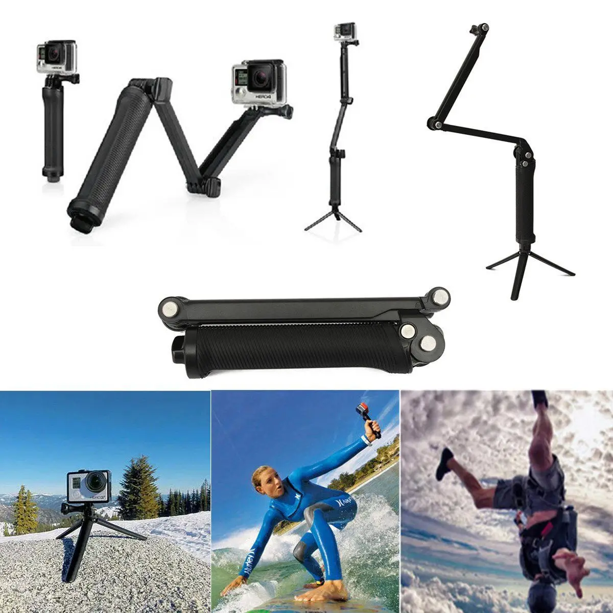 Grip Tripods GoPro 3 Way Monopod Arm Mount Adjustable stand Bracket Handheld Self pole For Gopro