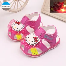 Возрастом 1 год; рисунок «hello kitty» для маленьких девочек сандалии светодиодный свет на шнуровке модные туфли принцессы летние дышащие детские кроссовки, первые шаги