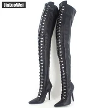 jialuowei Fetish Lace Up  Zip Crotch Flex Matt PU Thigh High Heel Over Knee Boots Plus size 44, 45,46 more colors Free shipping