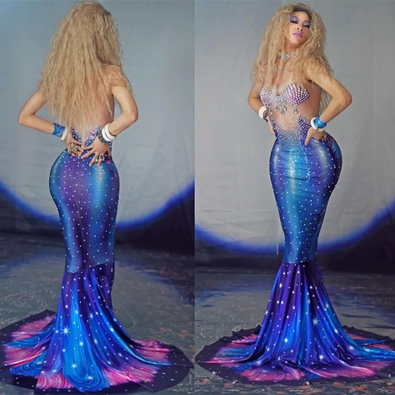 

Christia Bella Sexy Pearls Rhinestones Fishtail Long Dress Party Prom Women Skinny Trailing Dress Singer Stage Costumes