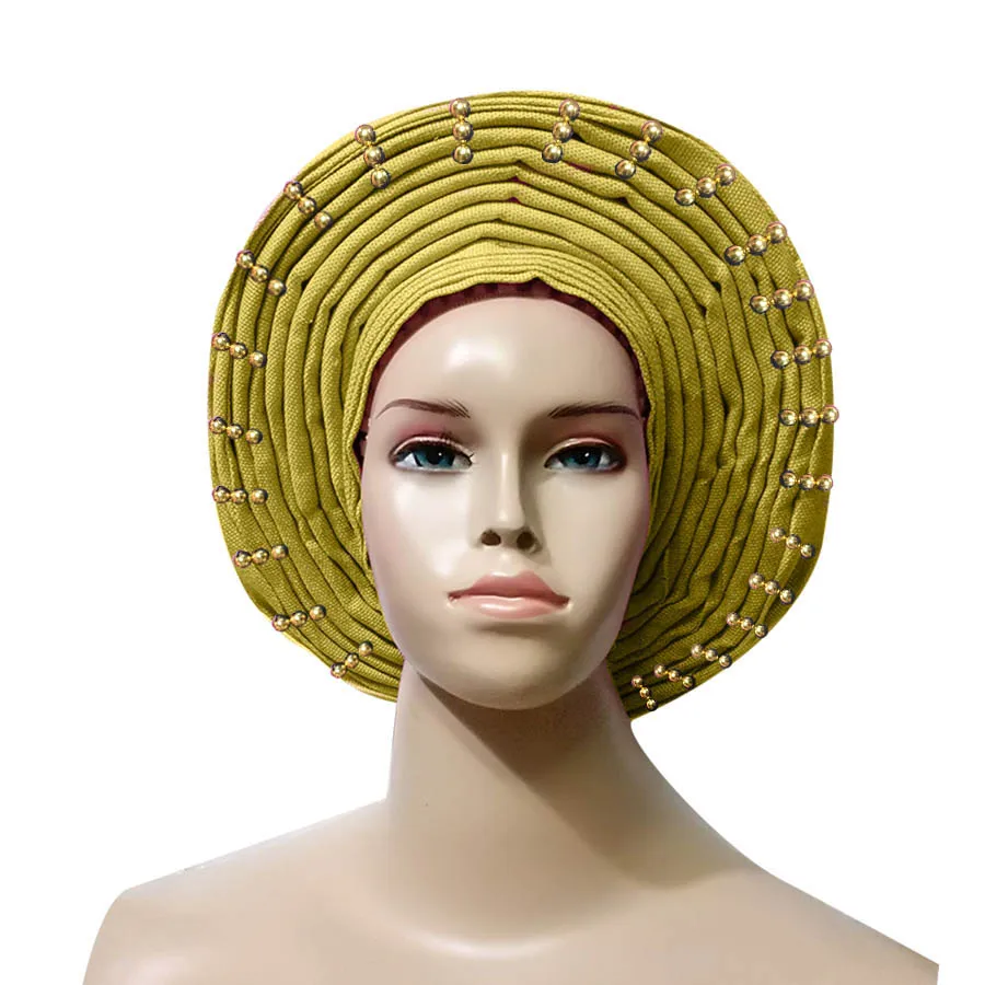 Нигерийский геле головной убор Aso oke головной убор с бисером готов носить - Цвет: gold