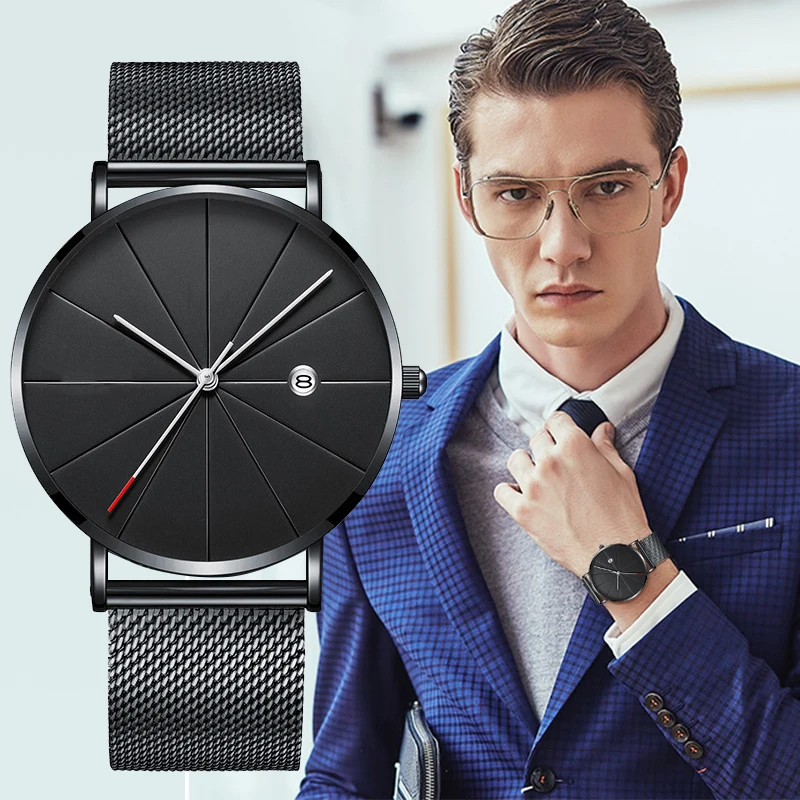 

2019 Black Ultra Thin Watch Men Top Brand Luxury Quartz Wristwatches Steel Mesh Calendar Waterproof Clock Male Relogio Masculino
