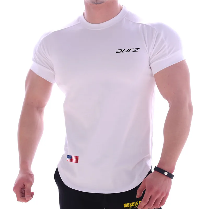 Новинка, Мужская футболка для тренажерного зала, фитнеса, бодибилдинга, облегающая футболка с круглым вырезом, короткий рукав, хлопок, модные топы, повседневные футболки - Цвет: white 1
