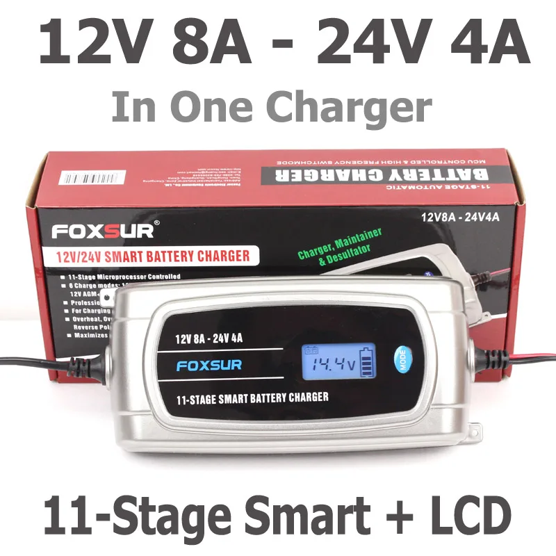 FOXSUR 12V 8A 24V 4A 11-stage Smart Battery Charger, 12V 24V EFB GEL AGM WET Car Battery Charger with LCD display & Desulfator FOXSUR 12V 8A 24V 4A 11-stage Smart Battery Charger, 12V 24V EFB GEL AGM WET Car Battery Charger with LCD display & Desulfator
