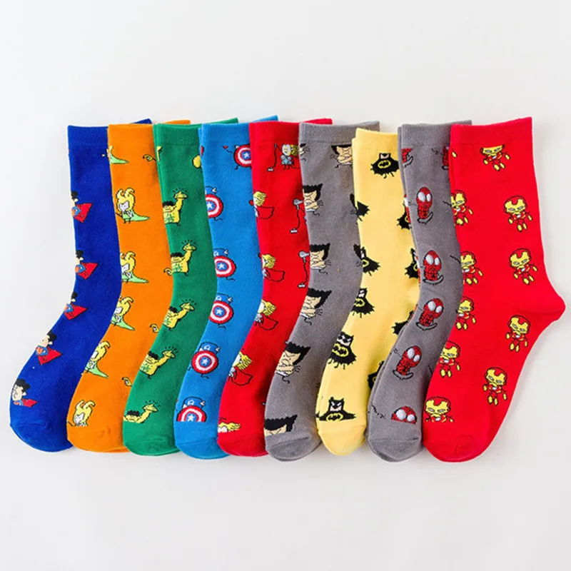 

100% Cotton Women Men Crew Socks Comics Avenger Captain America Batman Superman Sox Super Heros Cosplay Party Novelty Funny Sock